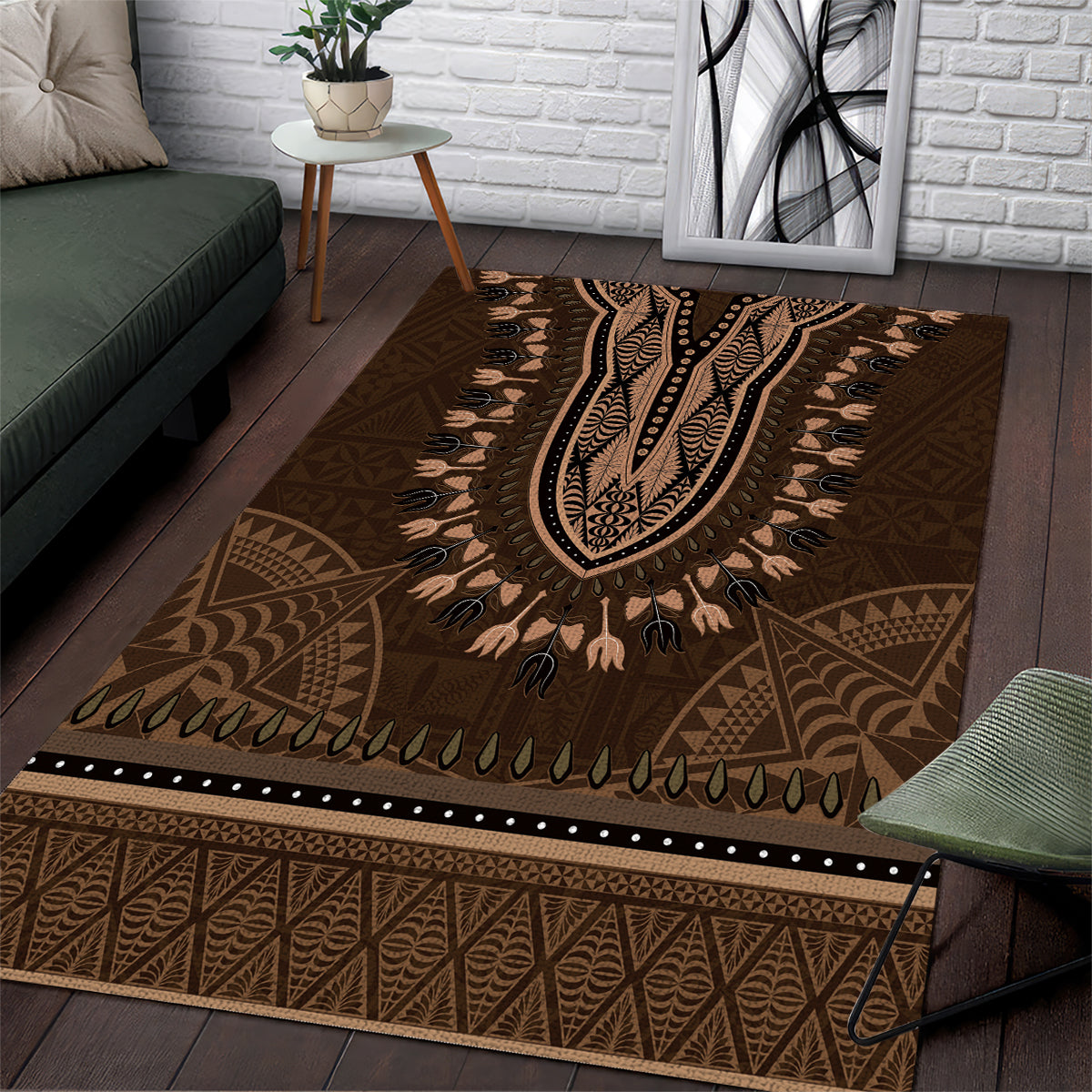 Brown African Dashiki With Tonga Ngatu Pattern Area Rug