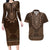 Brown African Dashiki With Tonga Ngatu Pattern Couples Matching Long Sleeve Bodycon Dress and Hawaiian Shirt