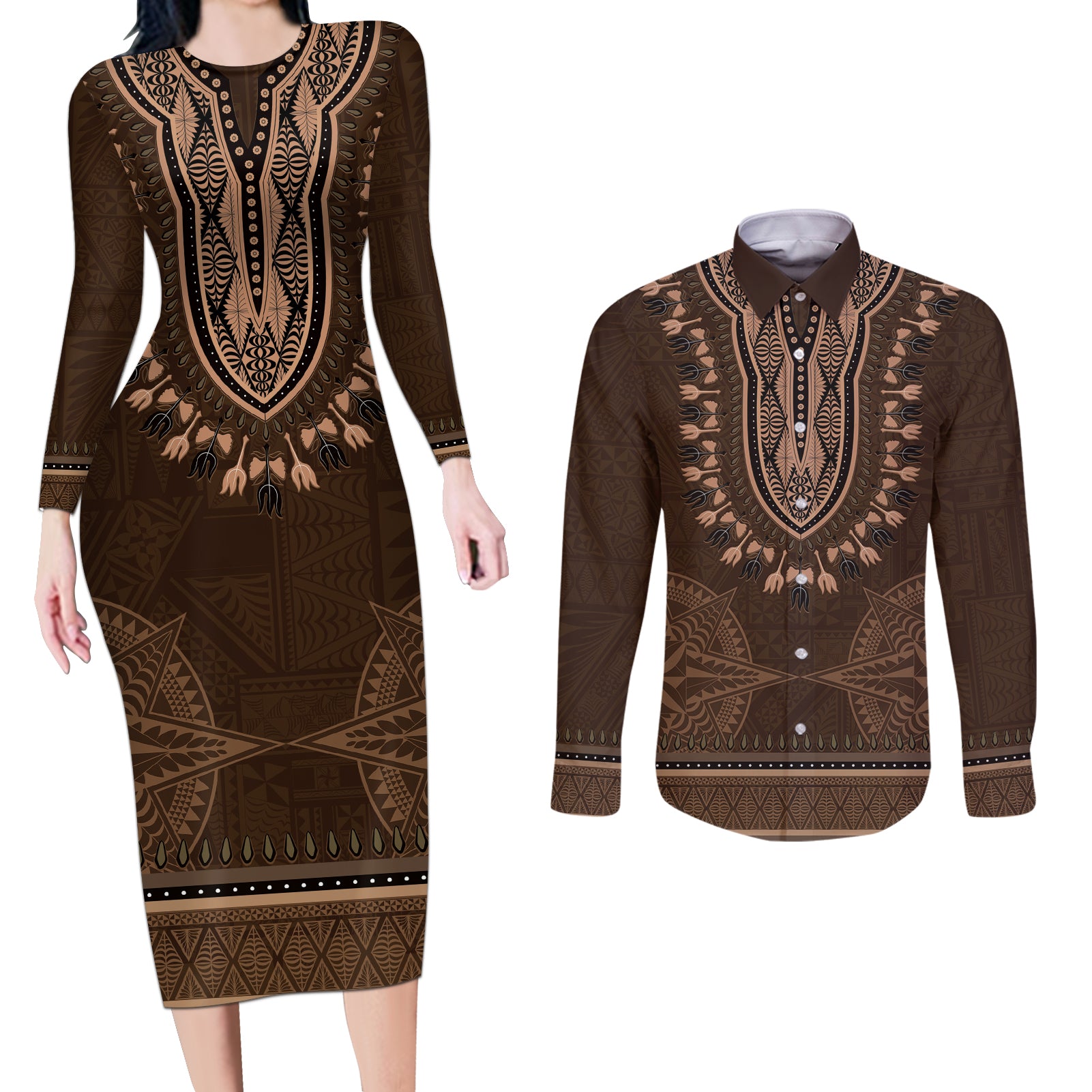 Brown African Dashiki With Tonga Ngatu Pattern Couples Matching Long Sleeve Bodycon Dress and Long Sleeve Button Shirt