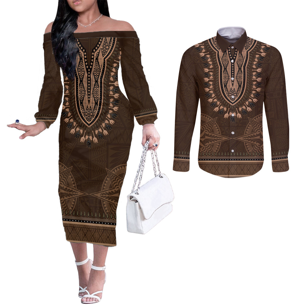 Brown African Dashiki With Tonga Ngatu Pattern Couples Matching Off The Shoulder Long Sleeve Dress and Long Sleeve Button Shirt