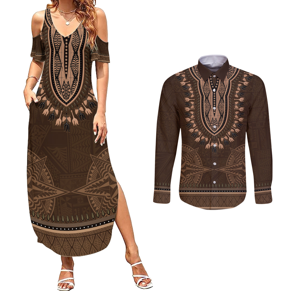 Brown African Dashiki With Tonga Ngatu Pattern Couples Matching Summer Maxi Dress and Long Sleeve Button Shirt