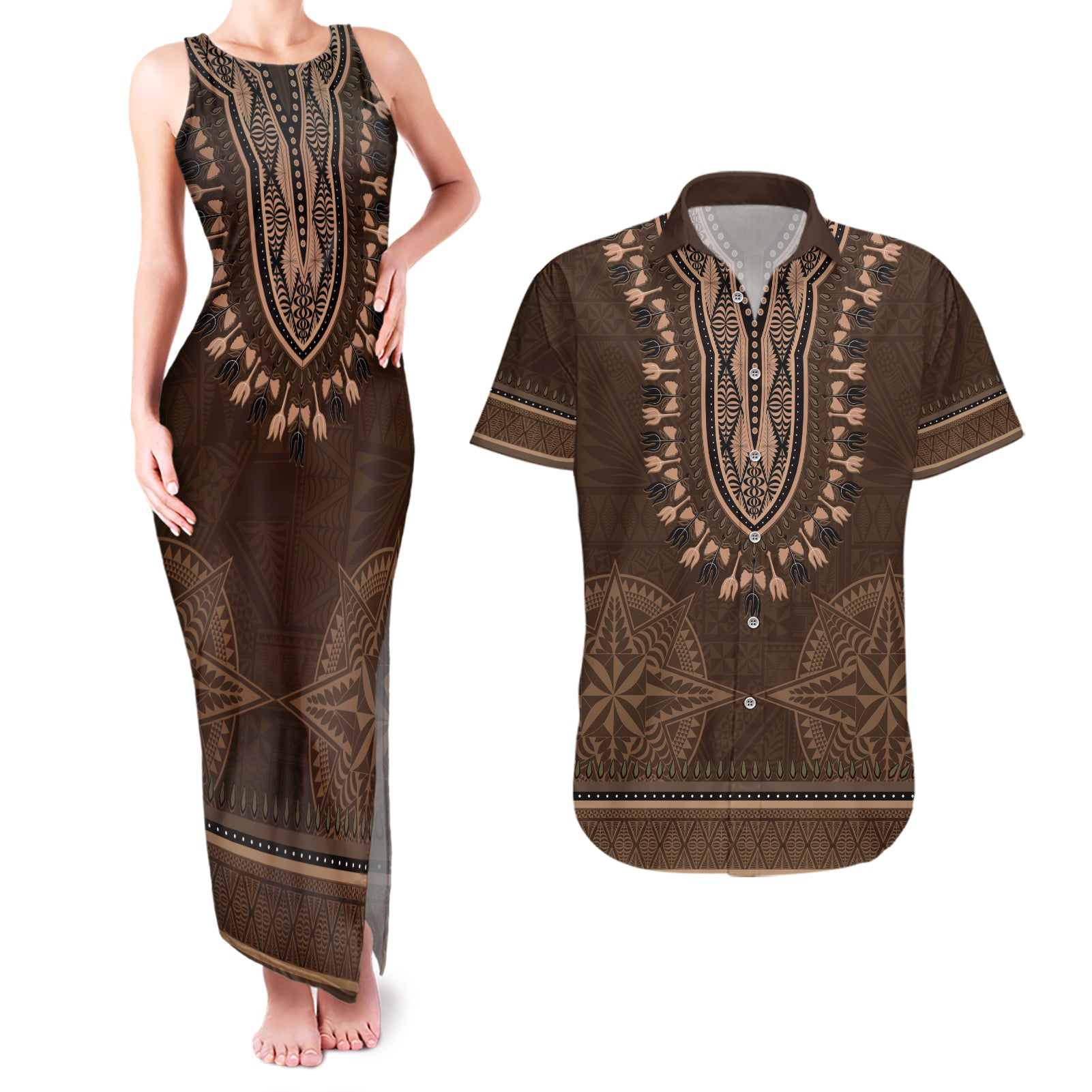 Brown African Dashiki With Tonga Ngatu Pattern Couples Matching Tank Maxi Dress and Hawaiian Shirt