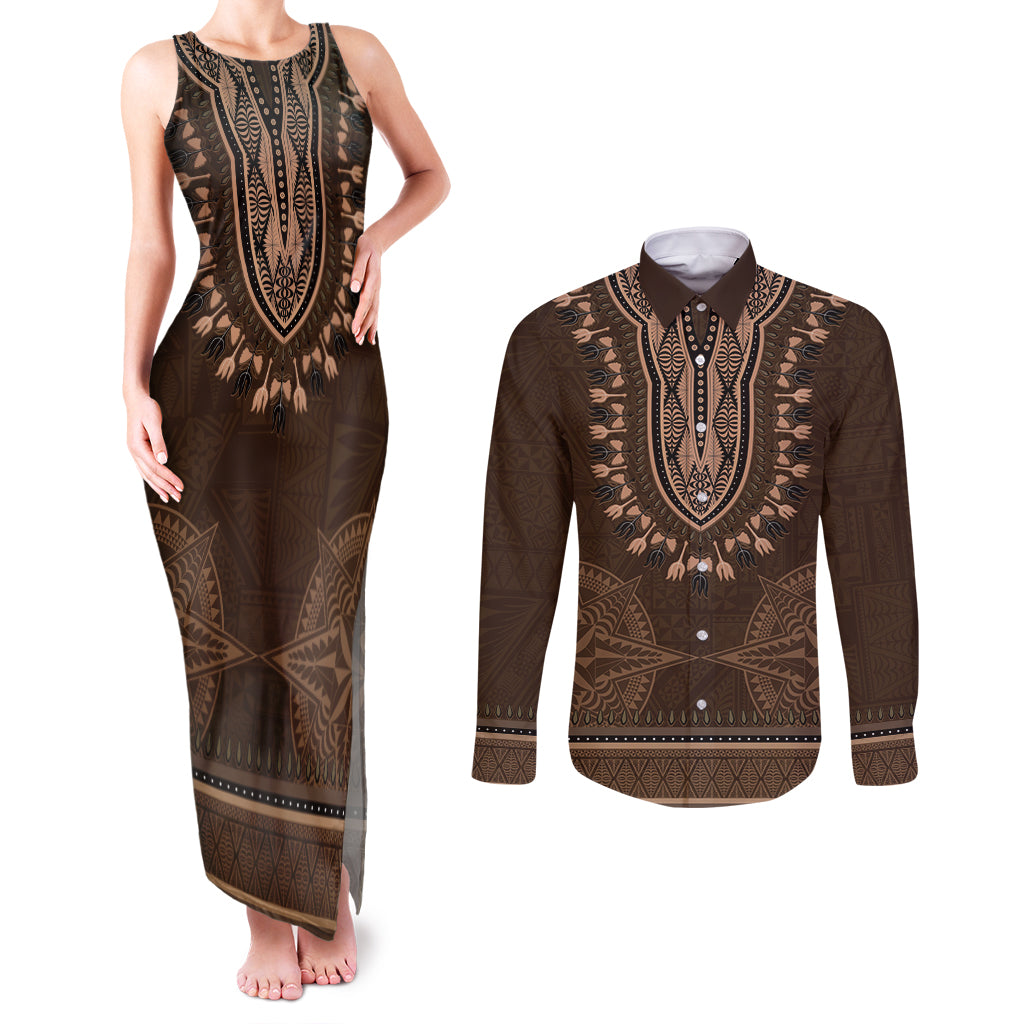 Brown African Dashiki With Tonga Ngatu Pattern Couples Matching Tank Maxi Dress and Long Sleeve Button Shirt