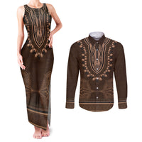 Brown African Dashiki With Tonga Ngatu Pattern Couples Matching Tank Maxi Dress and Long Sleeve Button Shirt