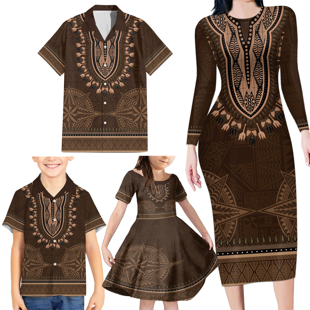 Brown African Dashiki With Tonga Ngatu Pattern Family Matching Long Sleeve Bodycon Dress and Hawaiian Shirt