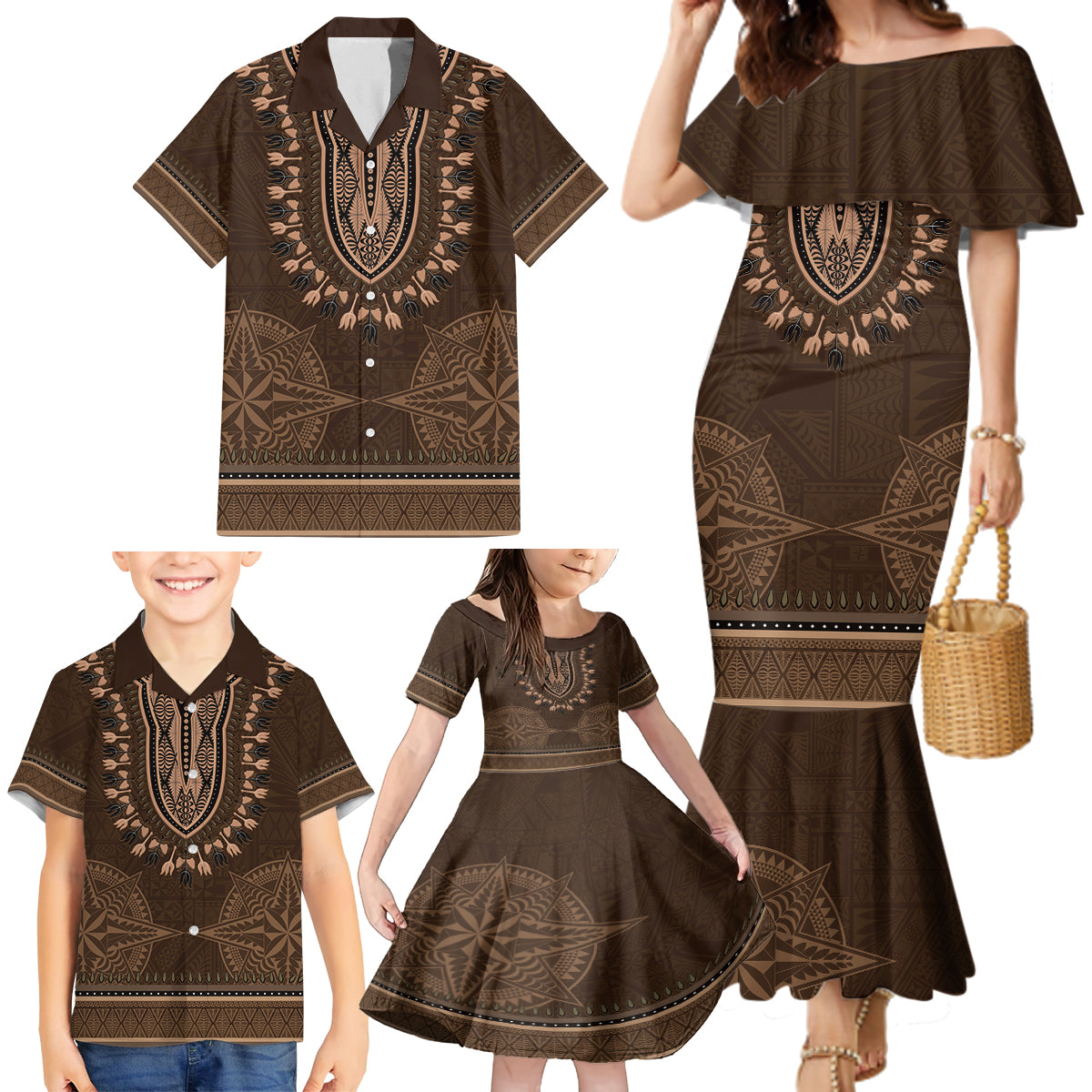 Brown African Dashiki With Tonga Ngatu Pattern Family Matching Mermaid Dress and Hawaiian Shirt