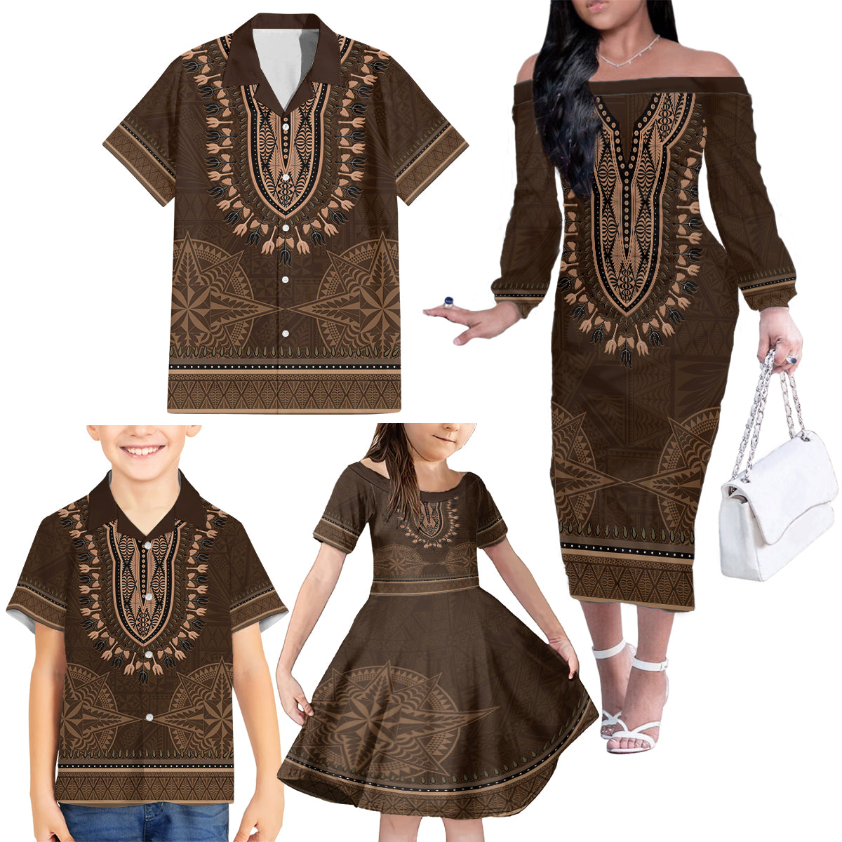 Brown African Dashiki With Tonga Ngatu Pattern Family Matching Off The Shoulder Long Sleeve Dress and Hawaiian Shirt