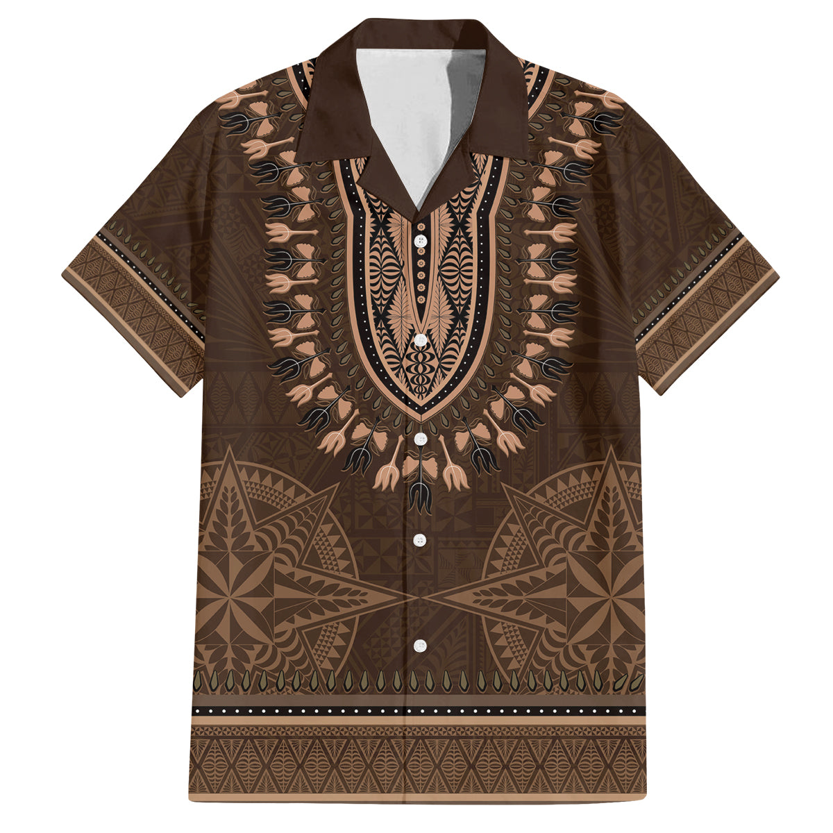Brown African Dashiki With Tonga Ngatu Pattern Family Matching Off Shoulder Short Dress and Hawaiian Shirt