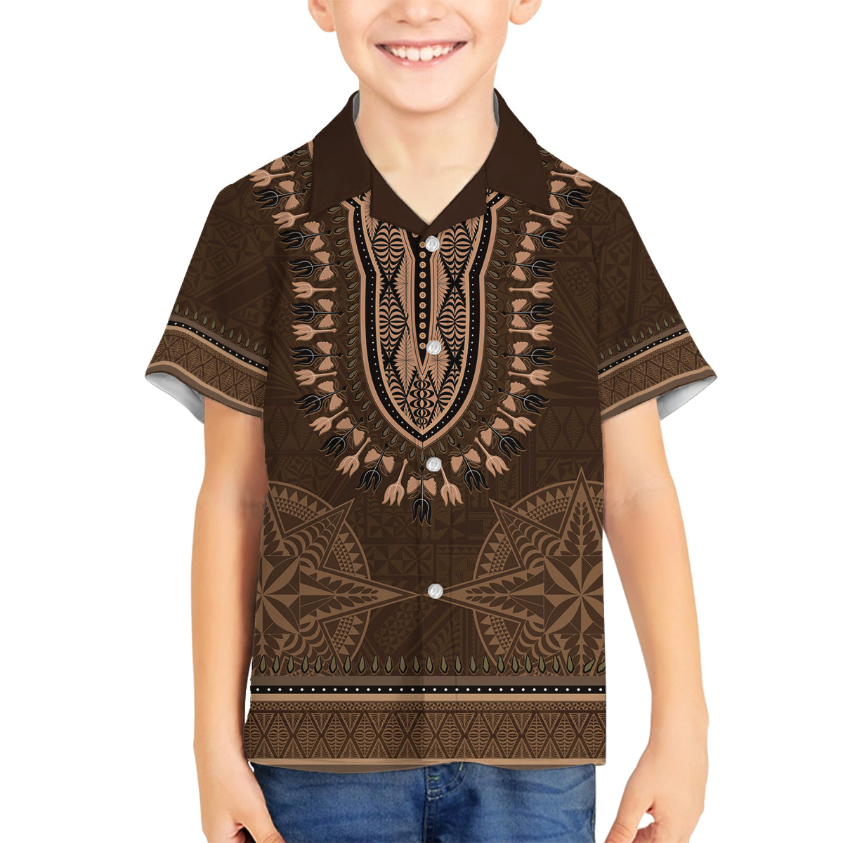 Brown African Dashiki With Tonga Ngatu Pattern Family Matching Off Shoulder Short Dress and Hawaiian Shirt