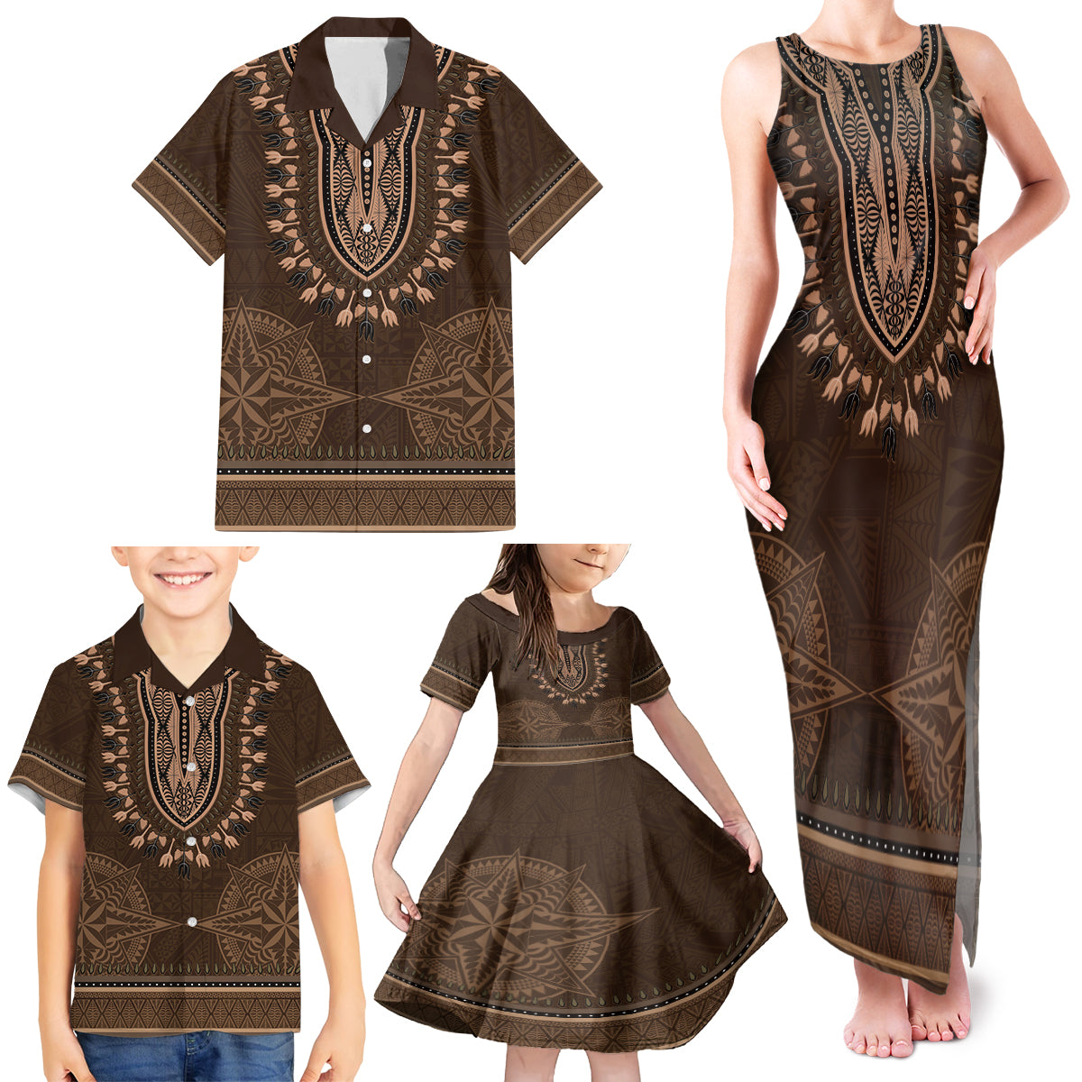 Brown African Dashiki With Tonga Ngatu Pattern Family Matching Tank Maxi Dress and Hawaiian Shirt