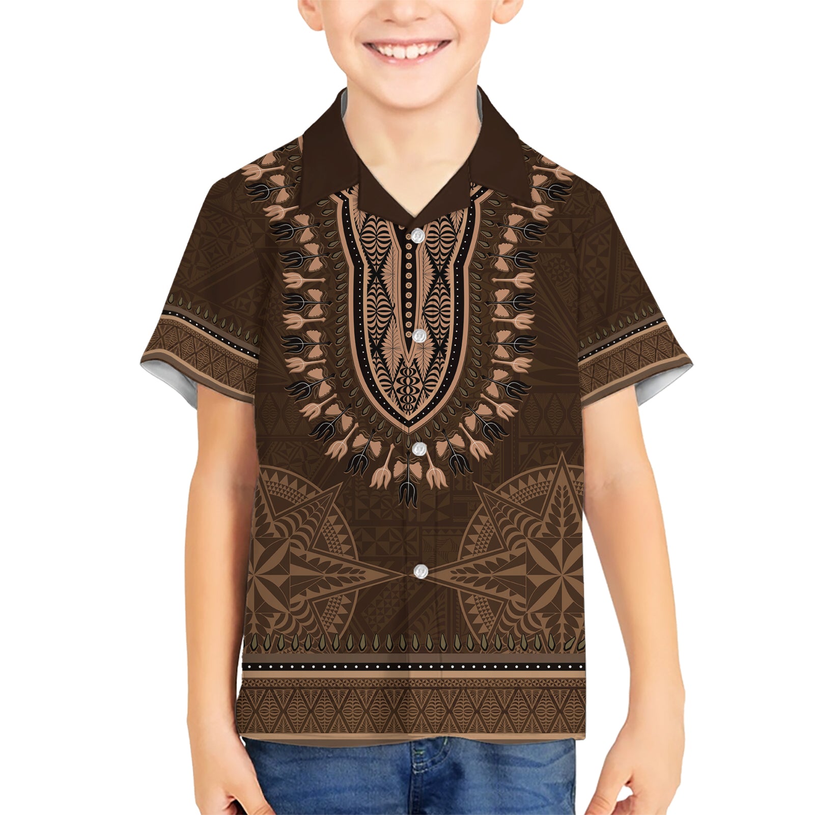 Brown African Dashiki With Tonga Ngatu Pattern Kid Hawaiian Shirt