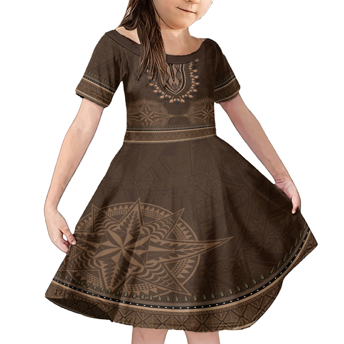 Brown African Dashiki With Tonga Ngatu Pattern Kid Short Sleeve Dress