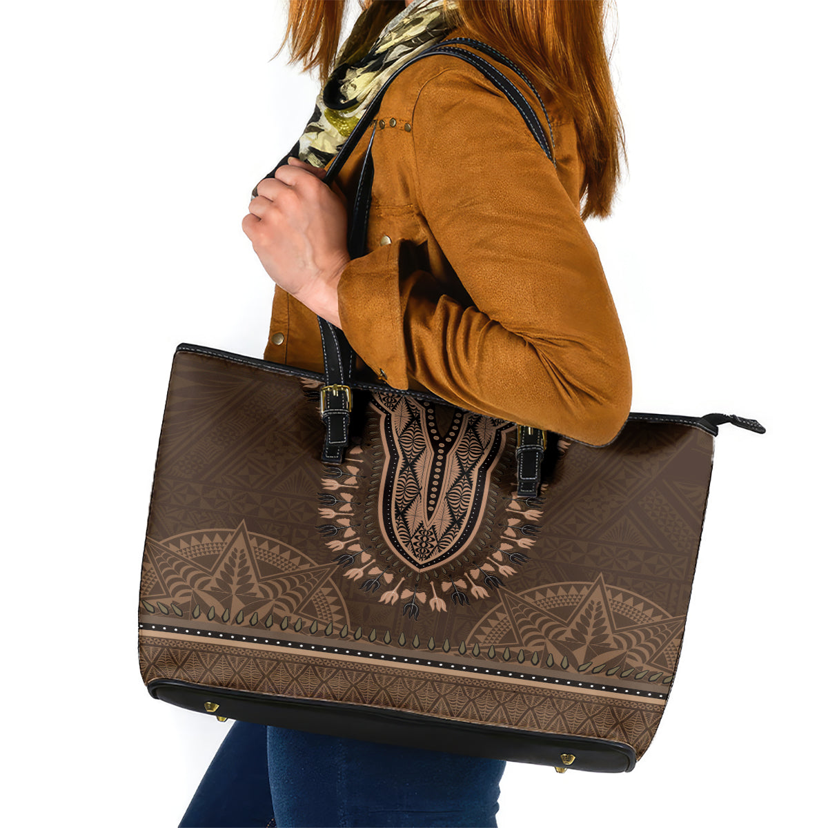 Brown African Dashiki With Tonga Ngatu Pattern Leather Tote Bag