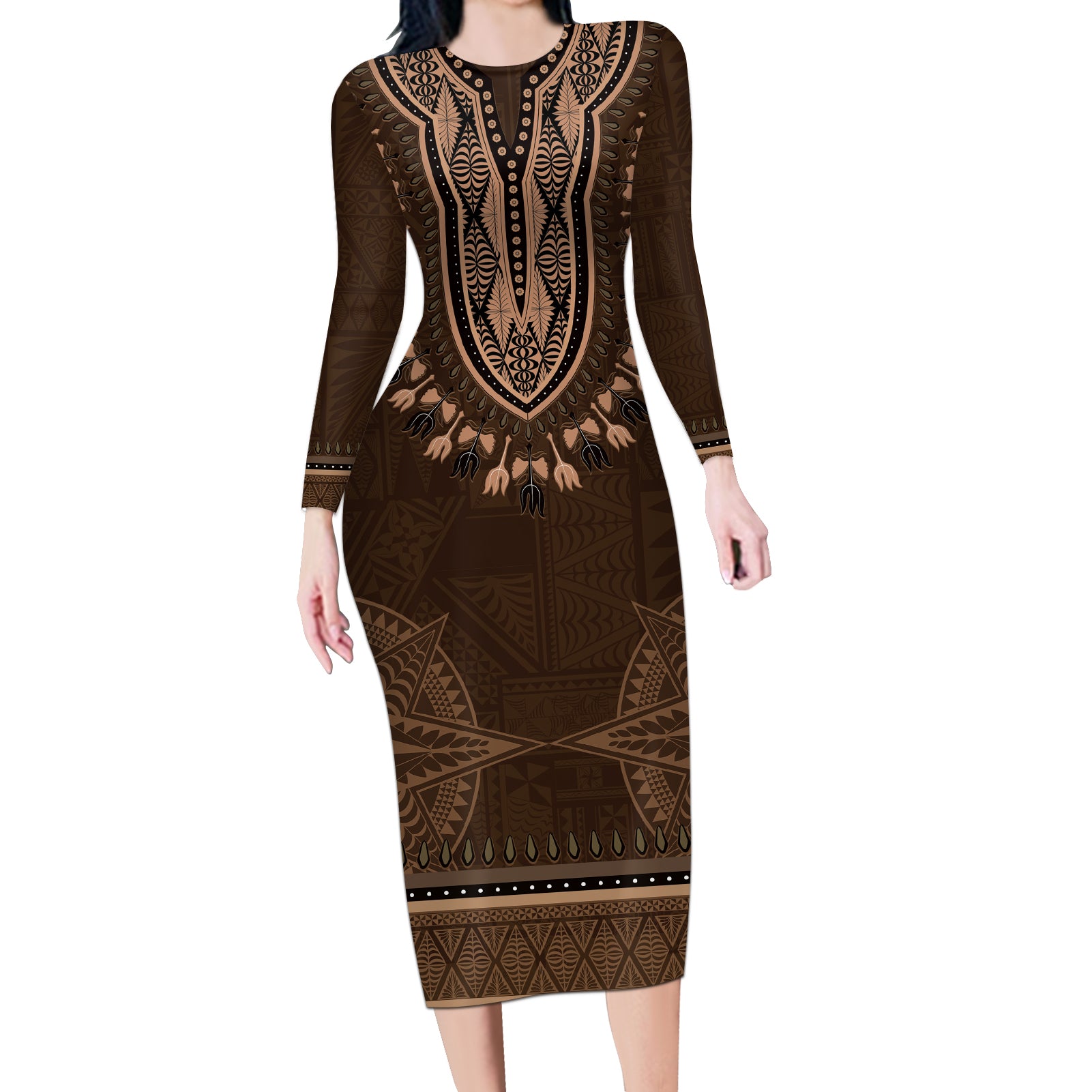 Brown African Dashiki With Tonga Ngatu Pattern Long Sleeve Bodycon Dress