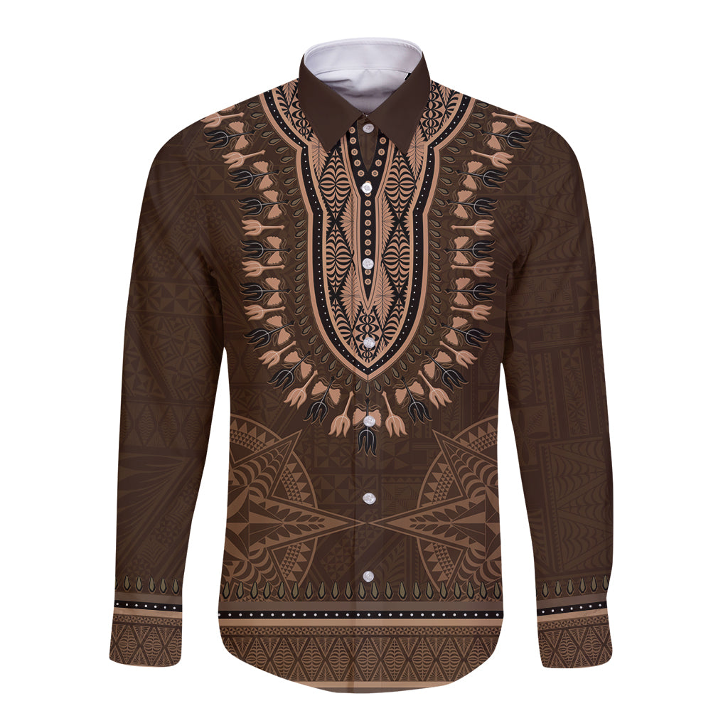 Brown African Dashiki With Tonga Ngatu Pattern Long Sleeve Button Shirt