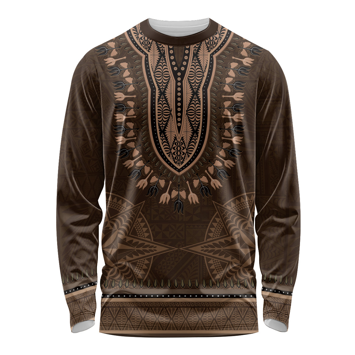 Brown African Dashiki With Tonga Ngatu Pattern Long Sleeve Shirt