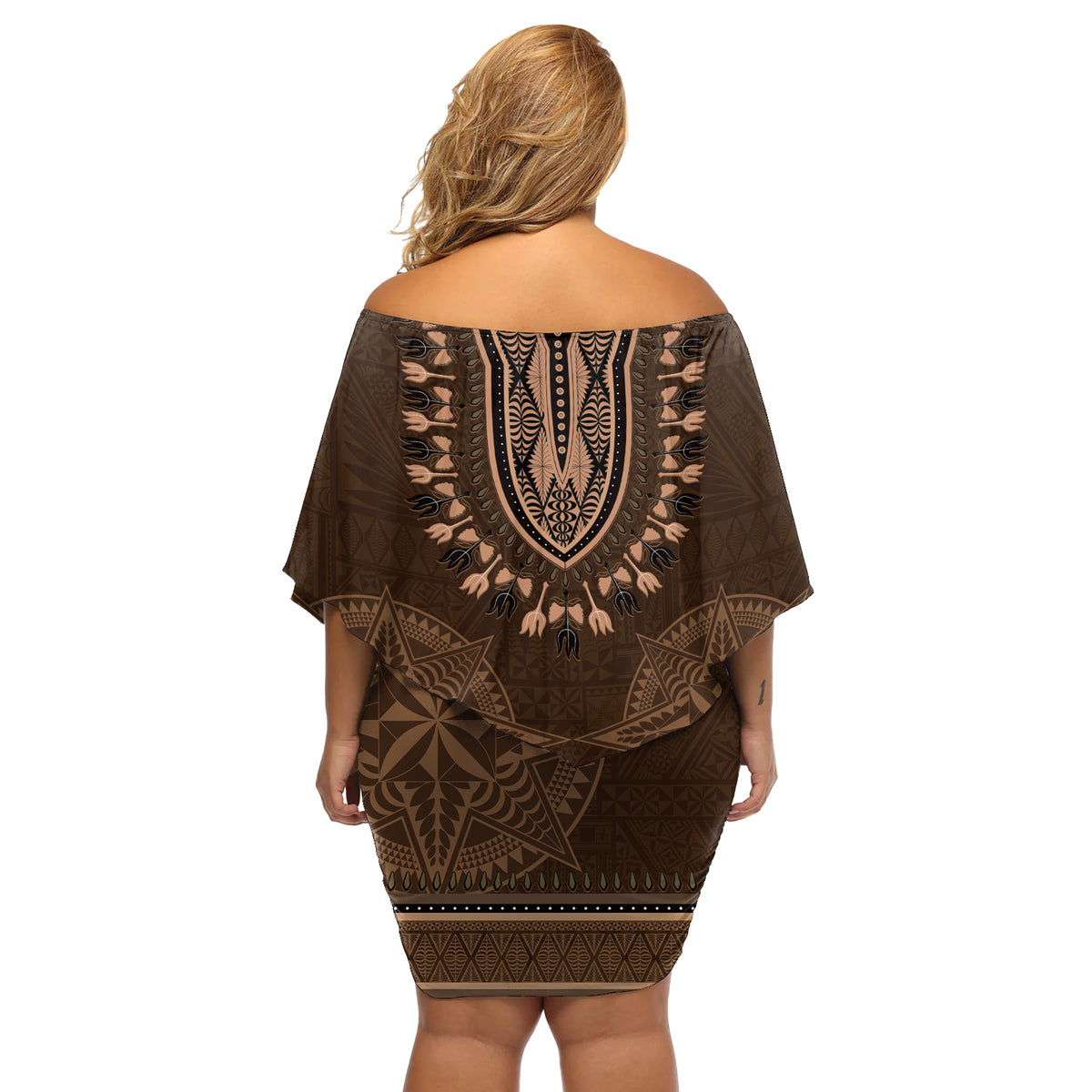 Brown African Dashiki With Tonga Ngatu Pattern Off Shoulder Short Dress