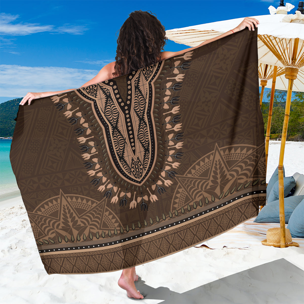 Brown African Dashiki With Tonga Ngatu Pattern Sarong