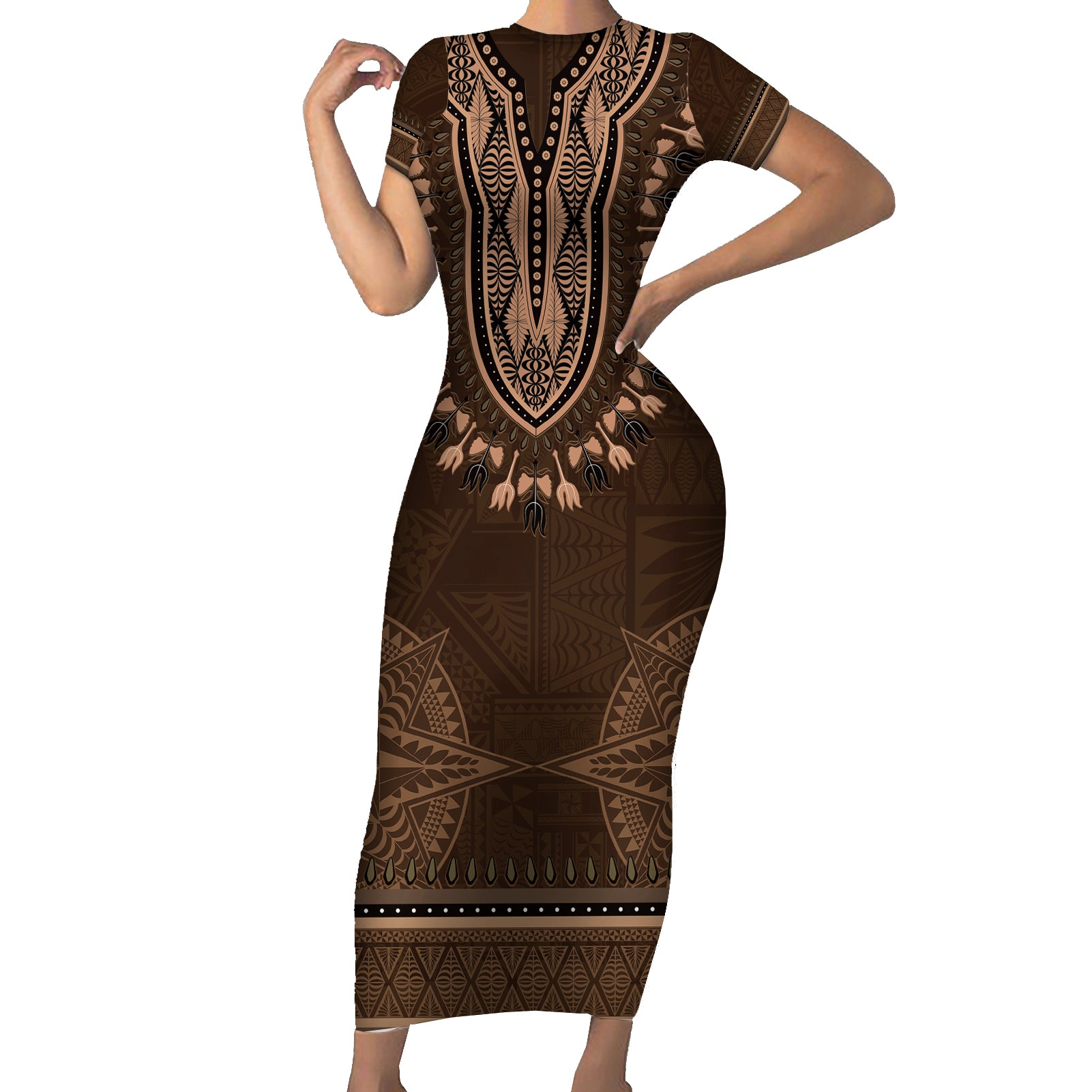 Brown African Dashiki With Tonga Ngatu Pattern Short Sleeve Bodycon Dress