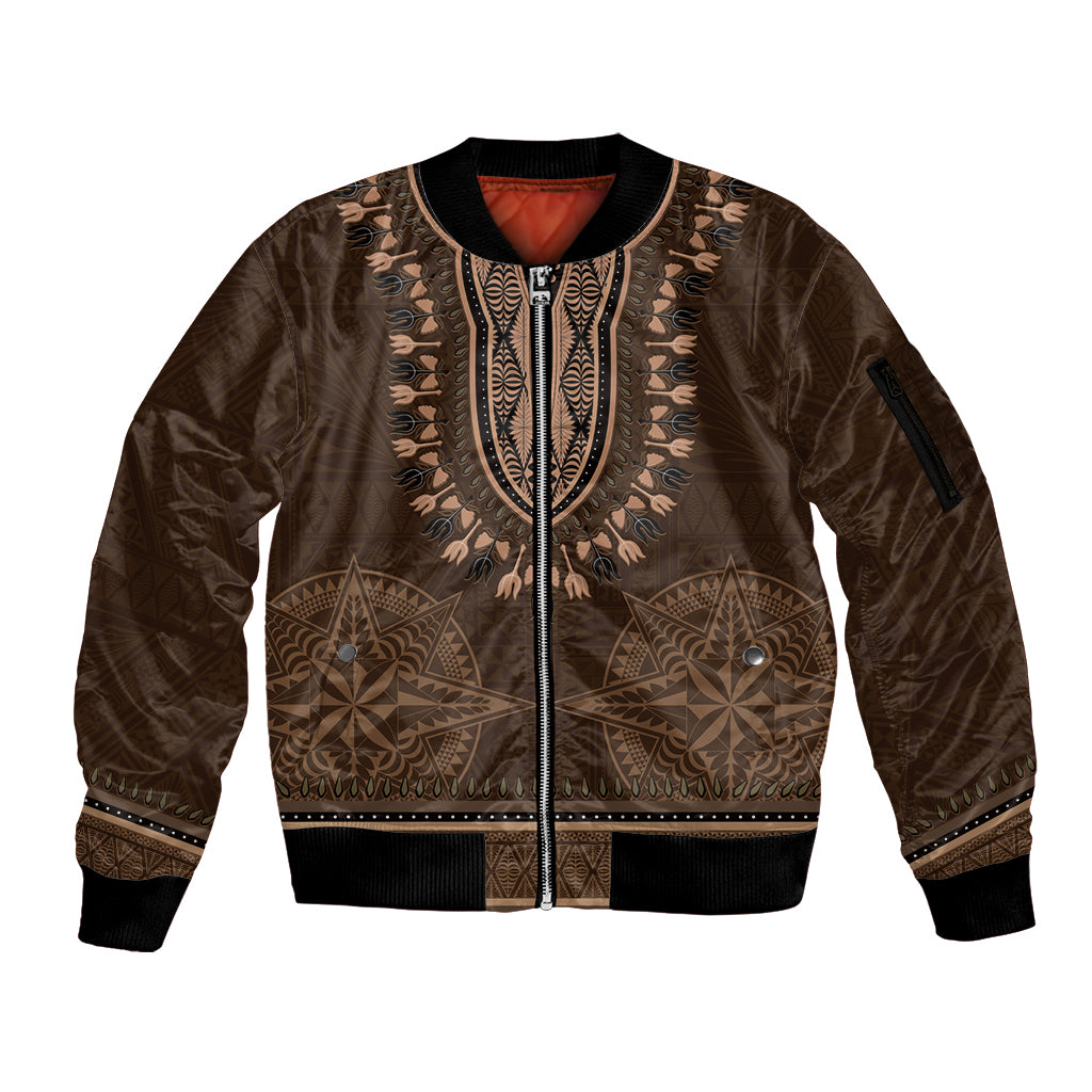 Brown African Dashiki With Tonga Ngatu Pattern Sleeve Zip Bomber Jacket