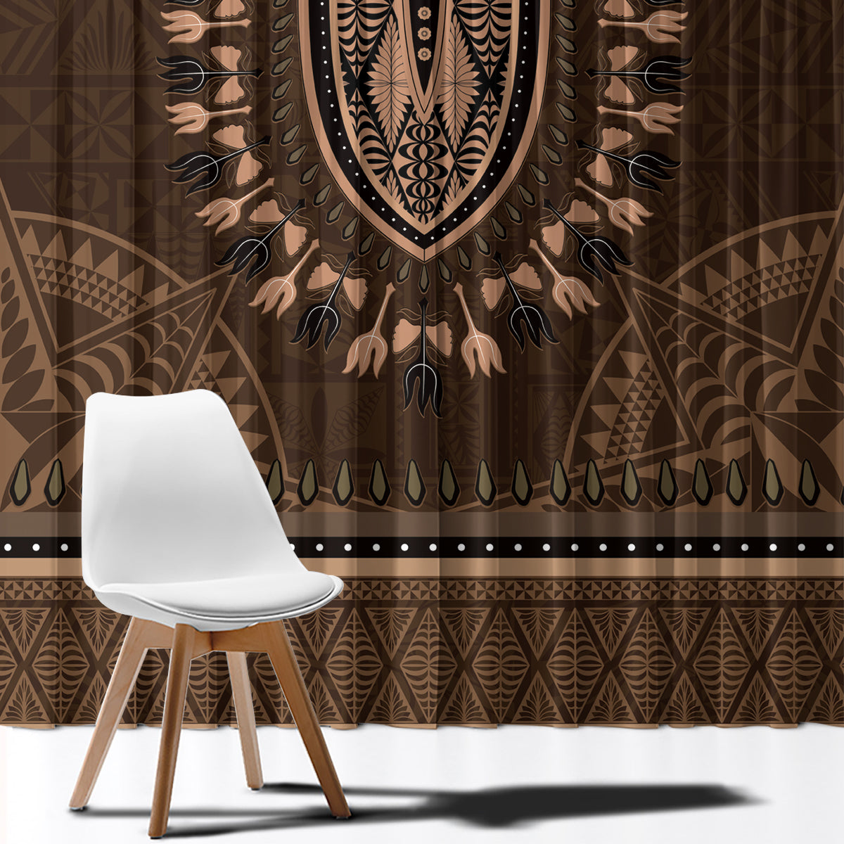 Brown African Dashiki With Tonga Ngatu Pattern Window Curtain