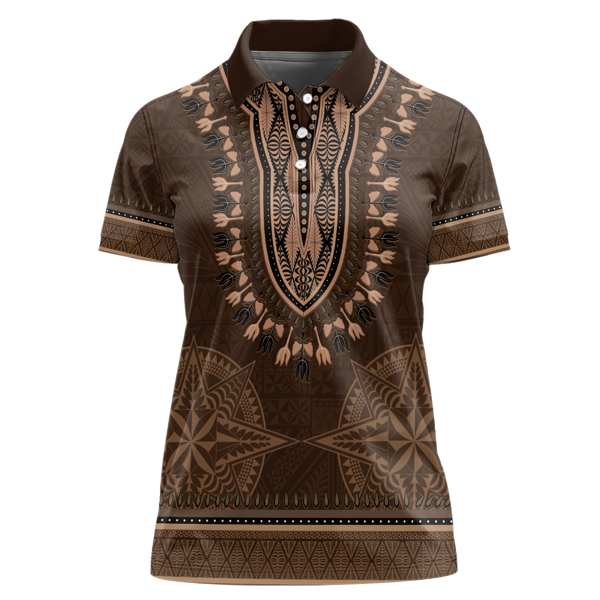 Brown African Dashiki With Tonga Ngatu Pattern Women Polo Shirt