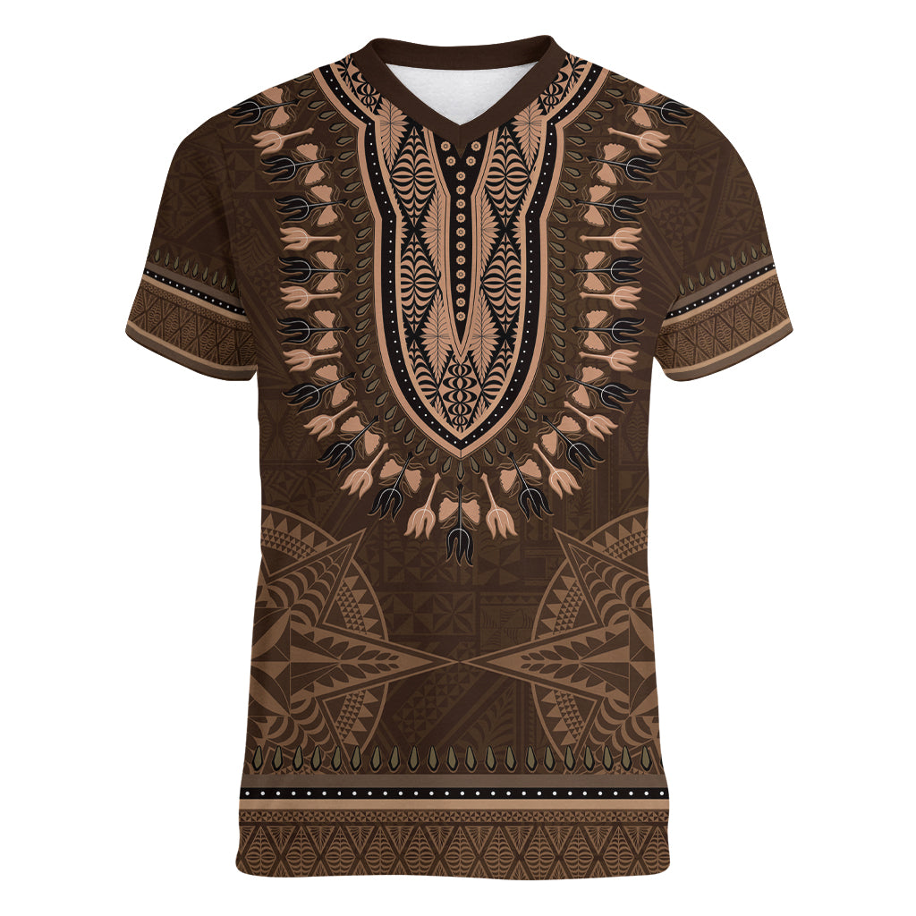 Brown African Dashiki With Tonga Ngatu Pattern Women V-Neck T-Shirt