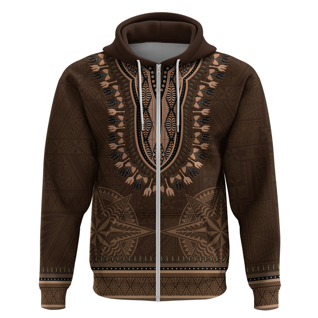 Brown African Dashiki With Tonga Ngatu Pattern Zip Hoodie