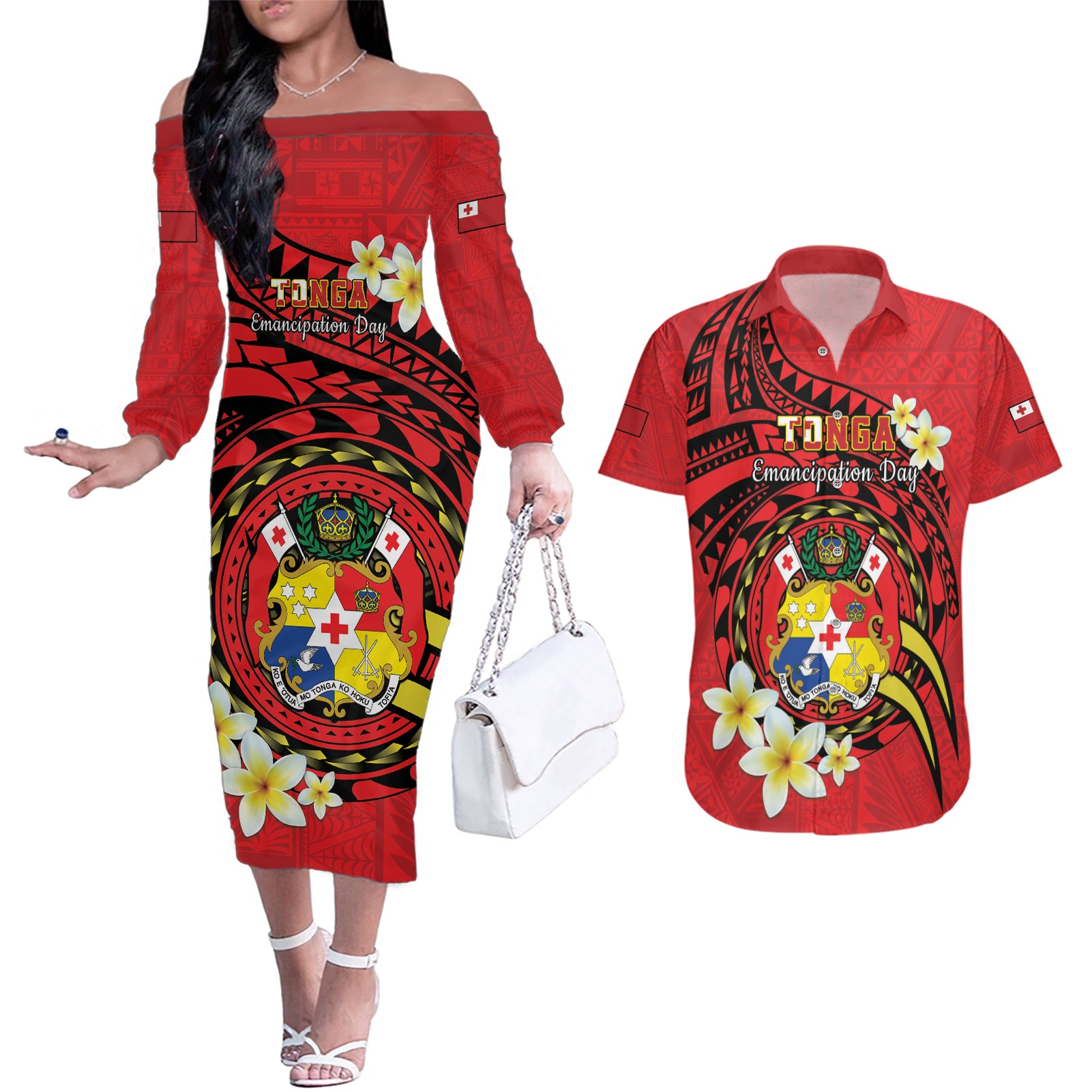 Personalised Tonga Emancipation Day Couples Matching Off The Shoulder Long Sleeve Dress and Hawaiian Shirt Tongan Ngatu Pattern - Red Version