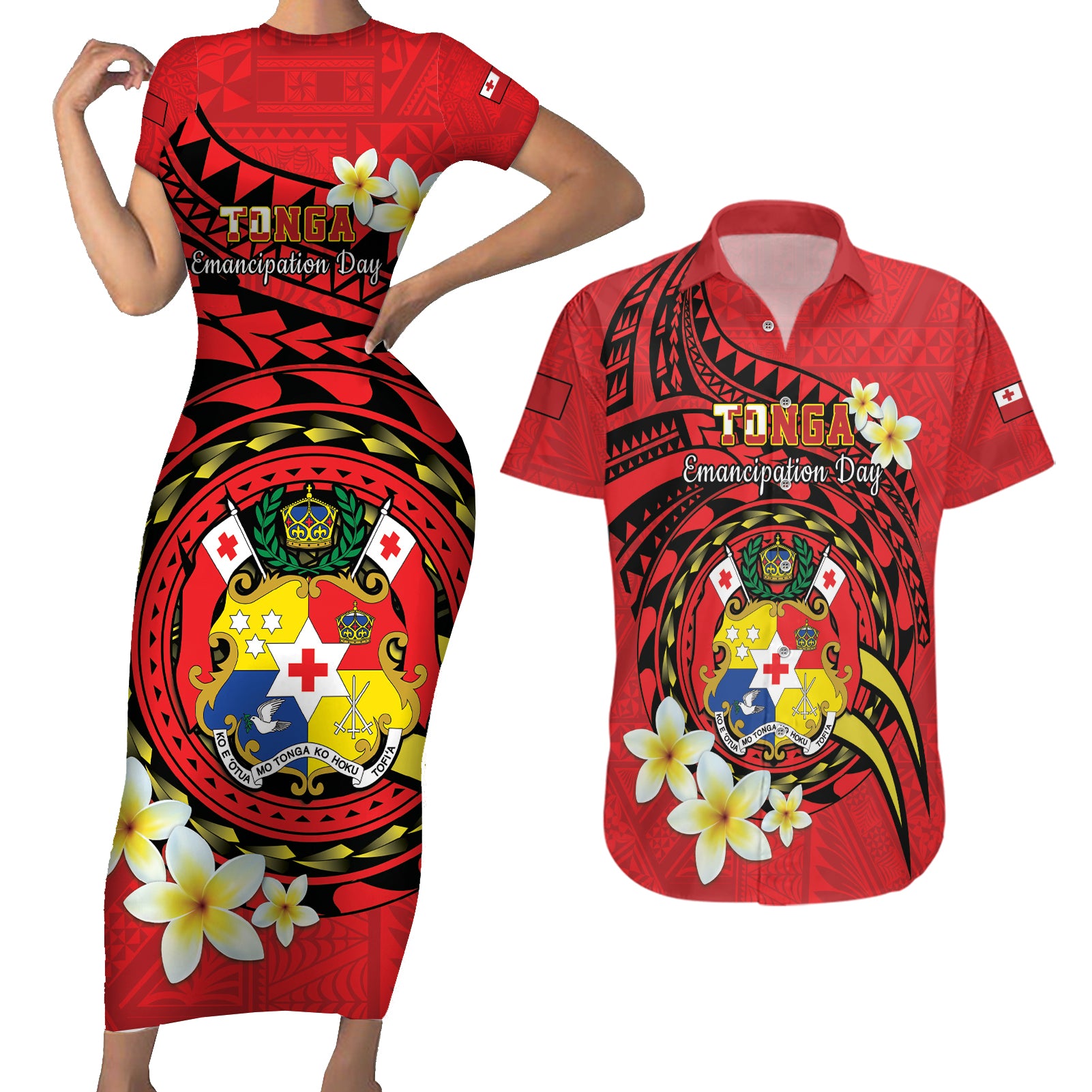 Personalised Tonga Emancipation Day Couples Matching Short Sleeve Bodycon Dress and Hawaiian Shirt Tongan Ngatu Pattern - Red Version