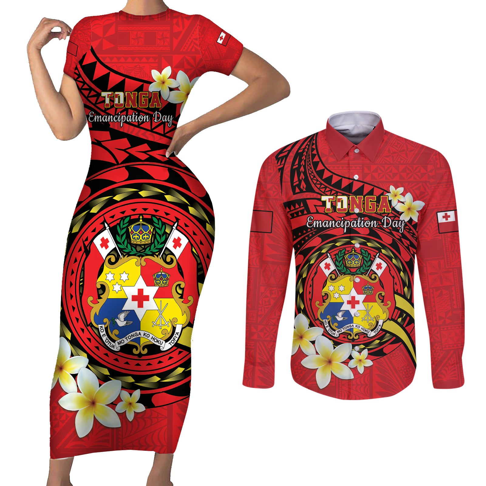 Personalised Tonga Emancipation Day Couples Matching Short Sleeve Bodycon Dress and Long Sleeve Button Shirt Tongan Ngatu Pattern - Red Version