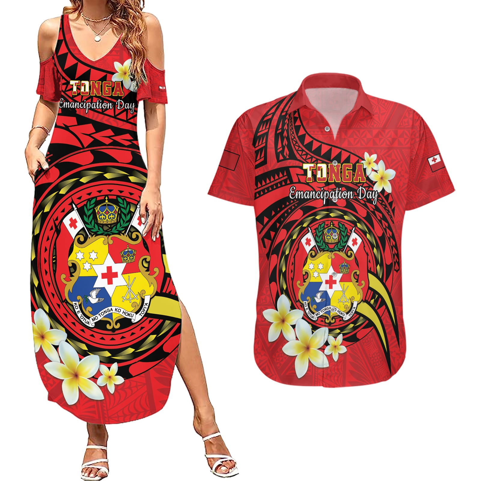 Personalised Tonga Emancipation Day Couples Matching Summer Maxi Dress and Hawaiian Shirt Tongan Ngatu Pattern - Red Version