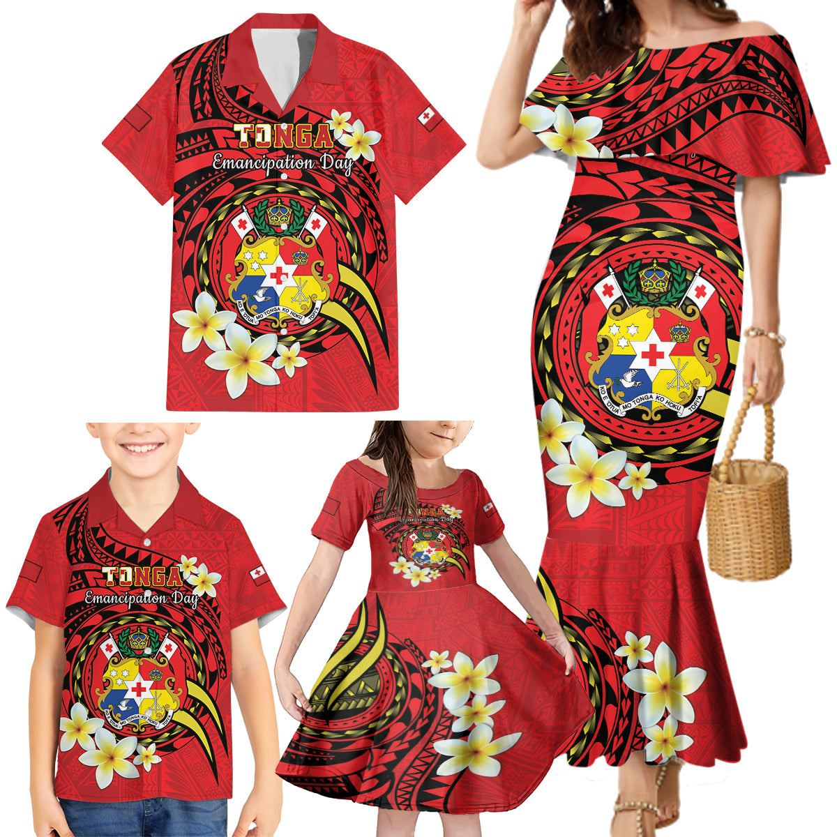 Personalised Tonga Emancipation Day Family Matching Mermaid Dress and Hawaiian Shirt Tongan Ngatu Pattern - Red Version