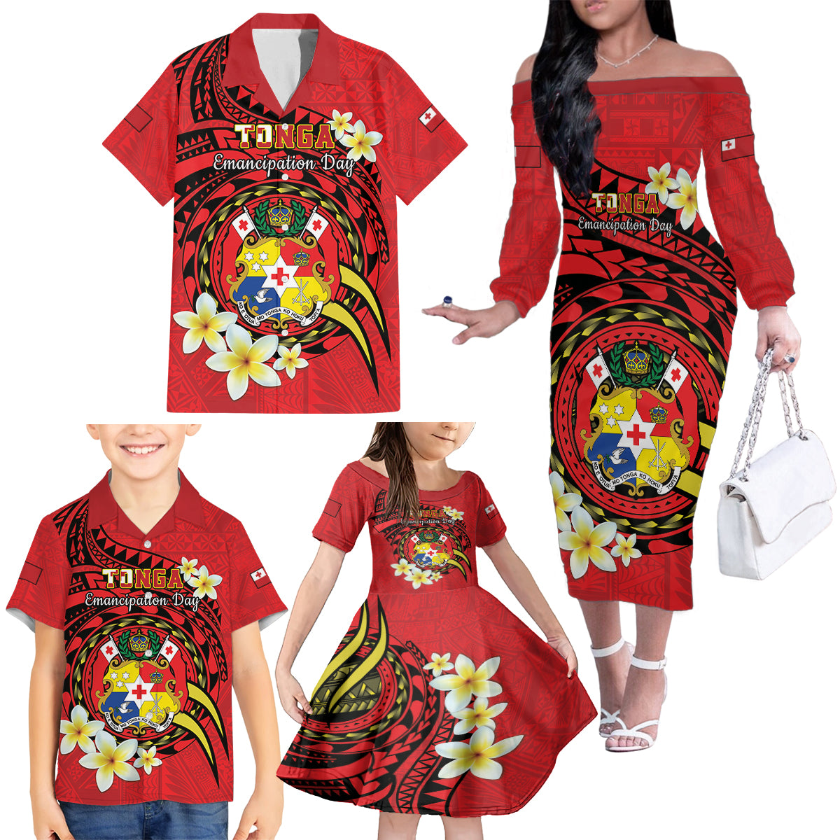 Personalised Tonga Emancipation Day Family Matching Off The Shoulder Long Sleeve Dress and Hawaiian Shirt Tongan Ngatu Pattern - Red Version