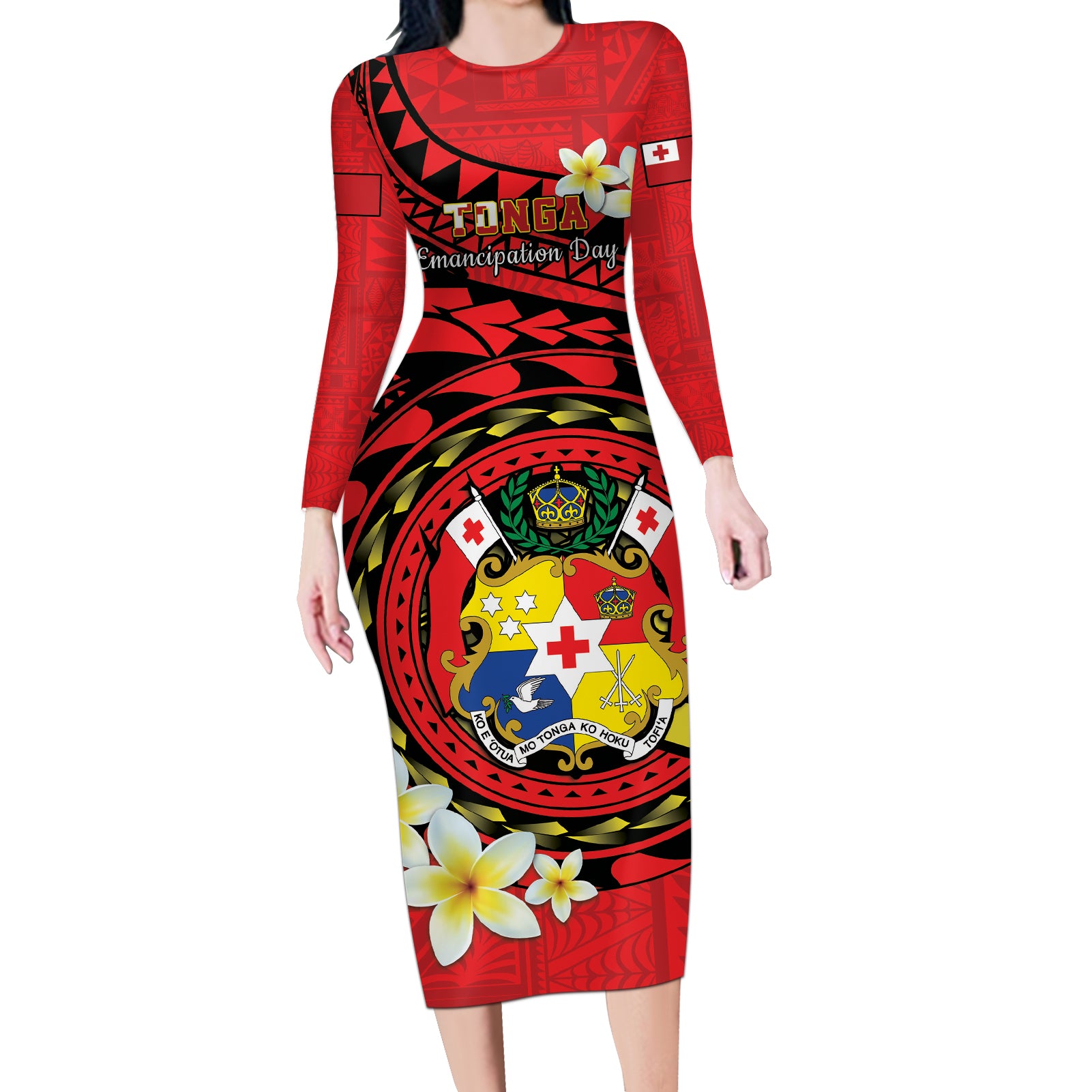 Personalised Tonga Emancipation Day Long Sleeve Bodycon Dress Tongan Ngatu Pattern - Red Version