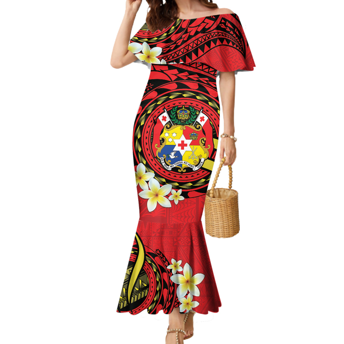 Personalised Tonga Emancipation Day Mermaid Dress Tongan Ngatu Pattern - Red Version