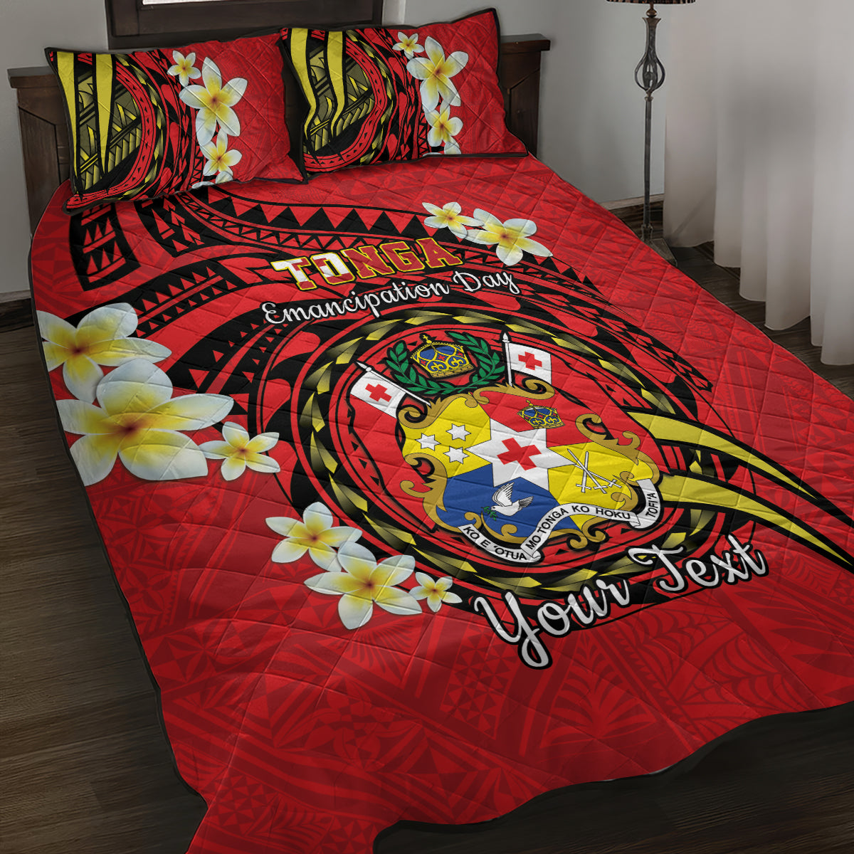 Personalised Tonga Emancipation Day Quilt Bed Set Tongan Ngatu Pattern - Red Version