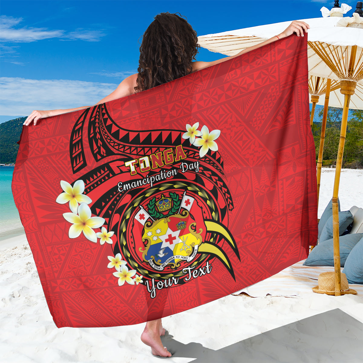 Personalised Tonga Emancipation Day Sarong Tongan Ngatu Pattern - Red Version