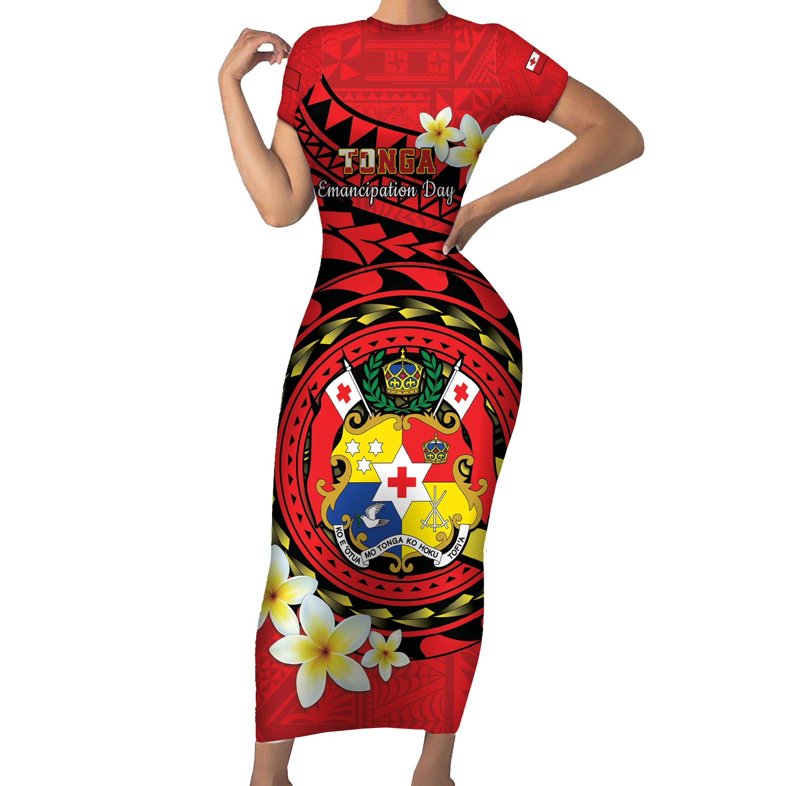 Personalised Tonga Emancipation Day Short Sleeve Bodycon Dress Tongan Ngatu Pattern - Red Version