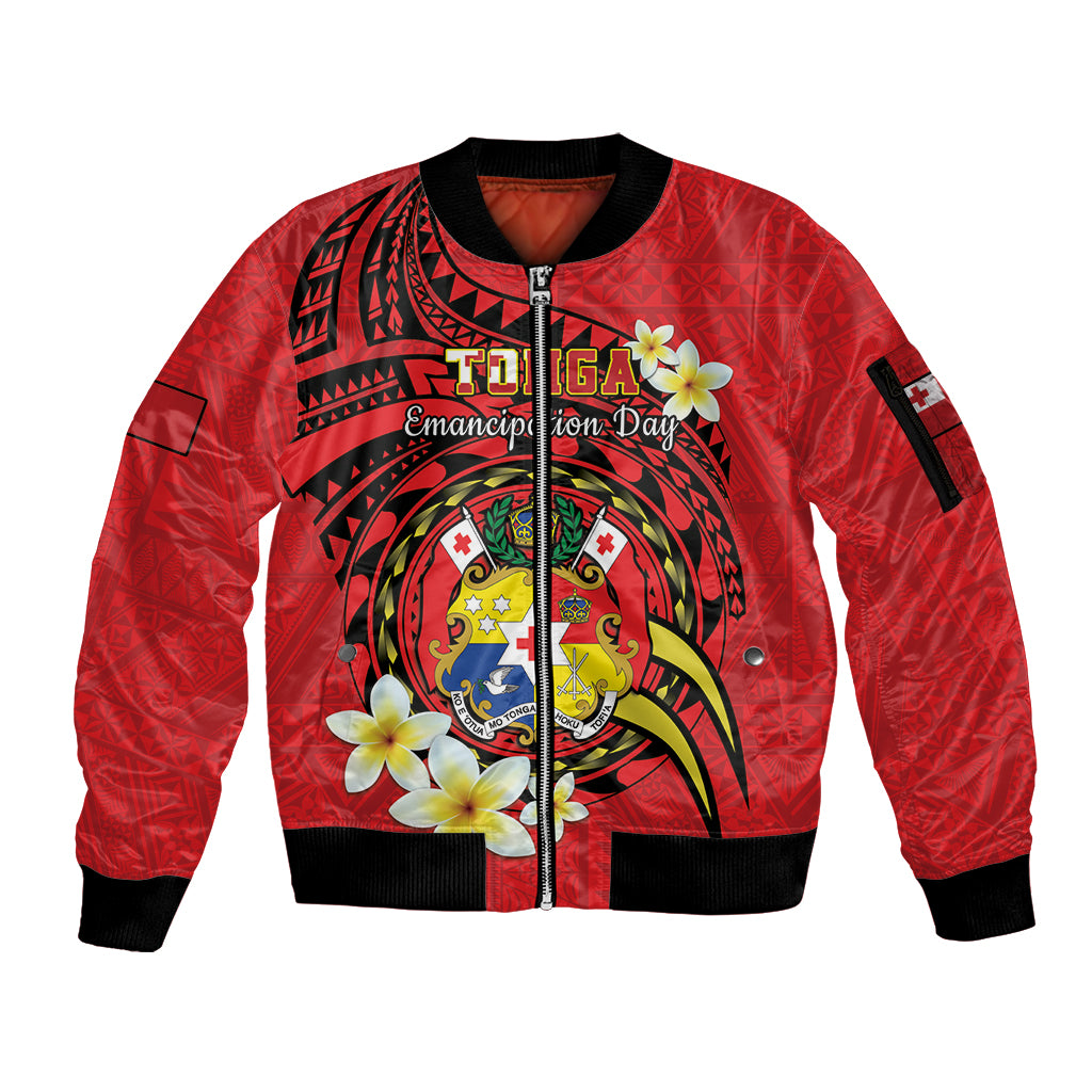 Personalised Tonga Emancipation Day Sleeve Zip Bomber Jacket Tongan Ngatu Pattern - Red Version