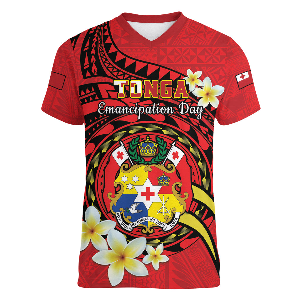 Personalised Tonga Emancipation Day Women V-Neck T-Shirt Tongan Ngatu Pattern - Red Version