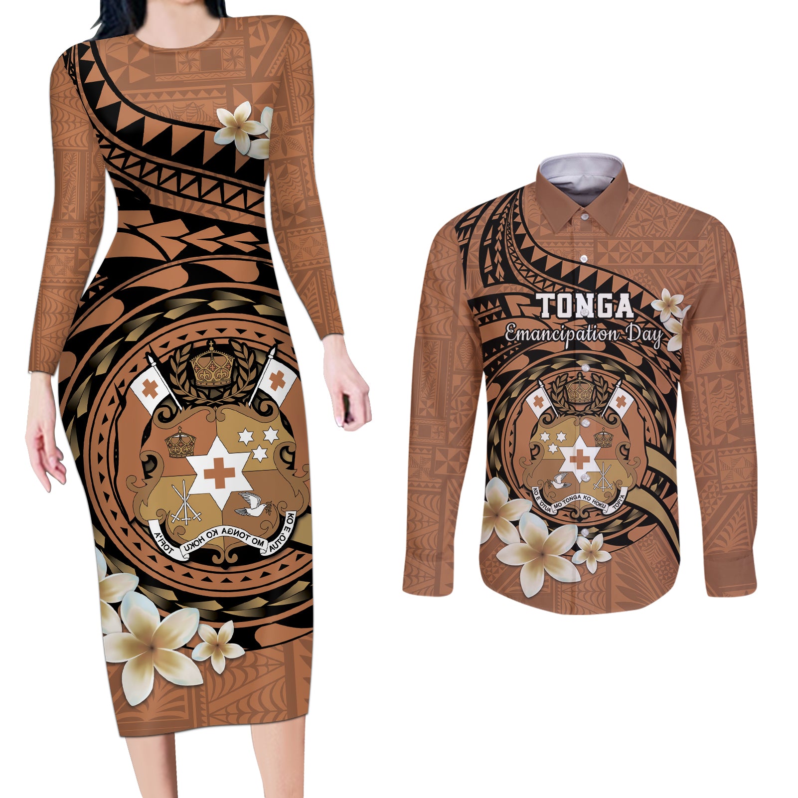 Personalised Tonga Emancipation Day Couples Matching Long Sleeve Bodycon Dress and Long Sleeve Button Shirt Tongan Ngatu Pattern - Brown Version