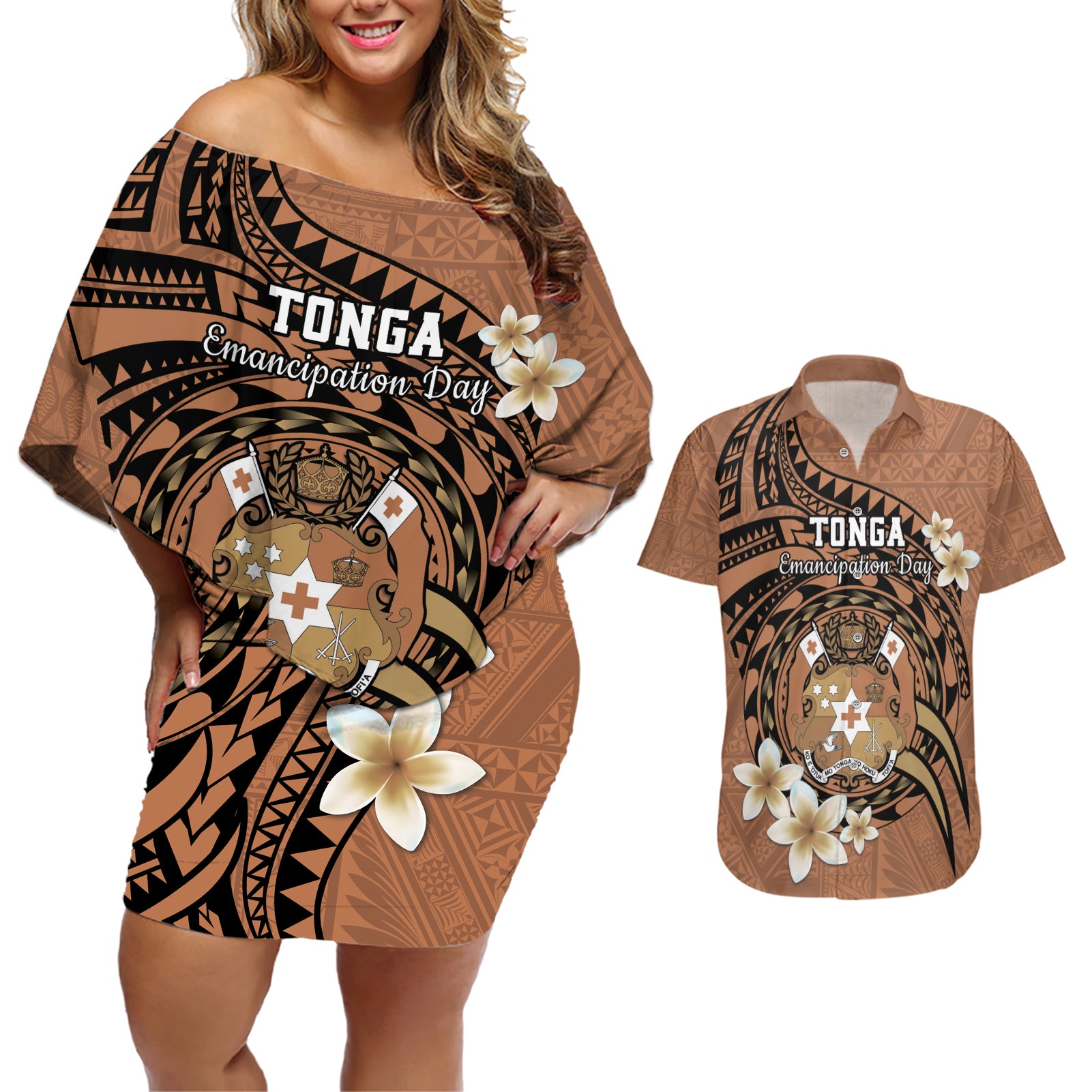 Personalised Tonga Emancipation Day Couples Matching Off Shoulder Short Dress and Hawaiian Shirt Tongan Ngatu Pattern - Brown Version