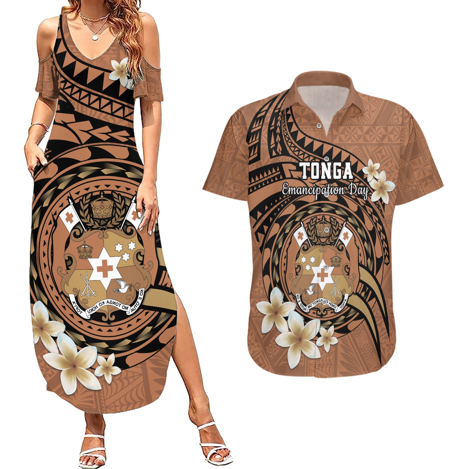 Personalised Tonga Emancipation Day Couples Matching Summer Maxi Dress and Hawaiian Shirt Tongan Ngatu Pattern - Brown Version