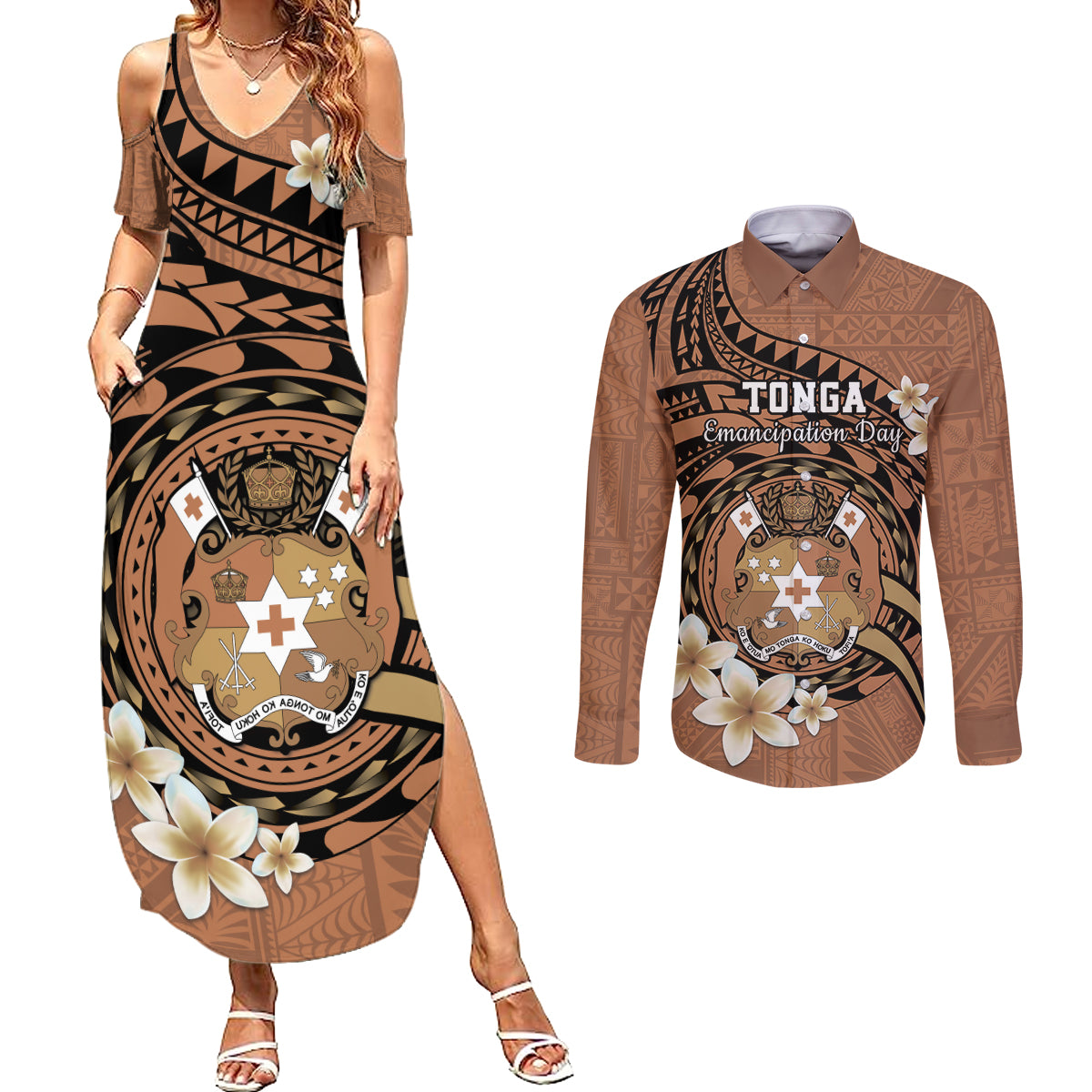 Personalised Tonga Emancipation Day Couples Matching Summer Maxi Dress and Long Sleeve Button Shirt Tongan Ngatu Pattern - Brown Version