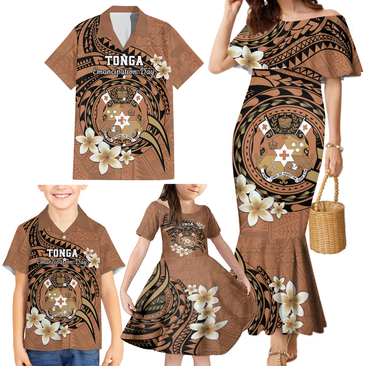 Personalised Tonga Emancipation Day Family Matching Mermaid Dress and Hawaiian Shirt Tongan Ngatu Pattern - Brown Version