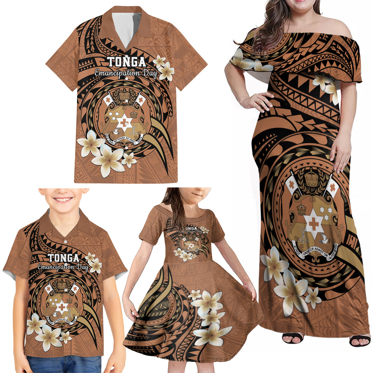 Personalised Tonga Emancipation Day Family Matching Off Shoulder Maxi Dress and Hawaiian Shirt Tongan Ngatu Pattern - Brown Version