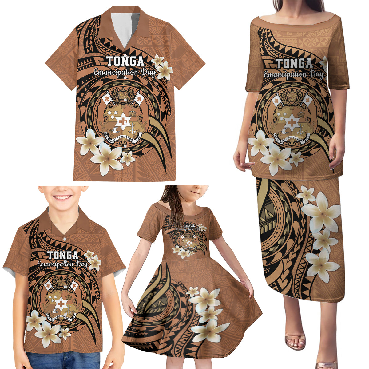 Personalised Tonga Emancipation Day Family Matching Puletasi and Hawaiian Shirt Tongan Ngatu Pattern - Brown Version