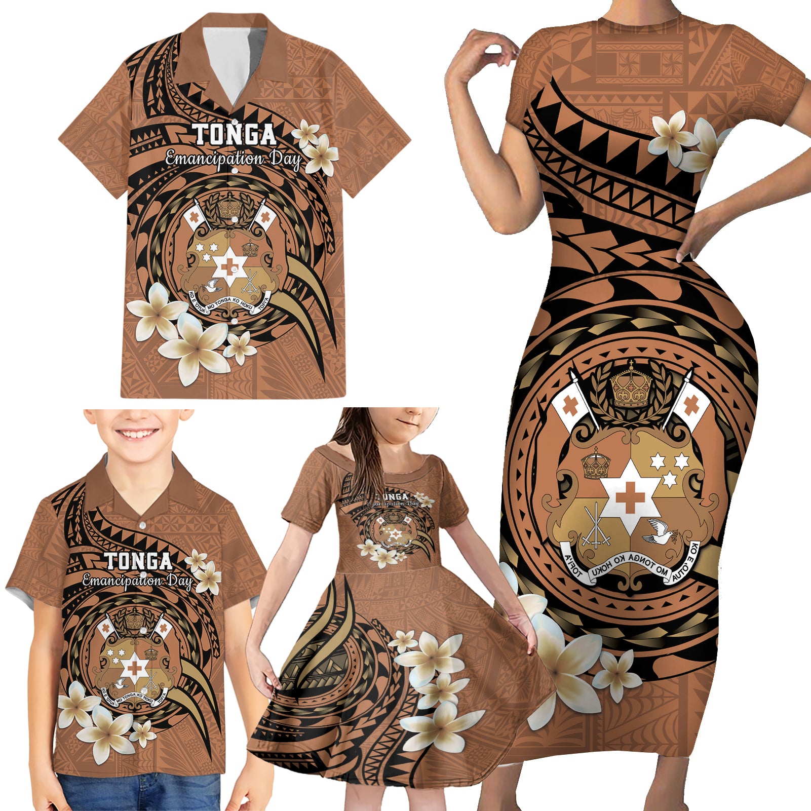 Personalised Tonga Emancipation Day Family Matching Short Sleeve Bodycon Dress and Hawaiian Shirt Tongan Ngatu Pattern - Brown Version