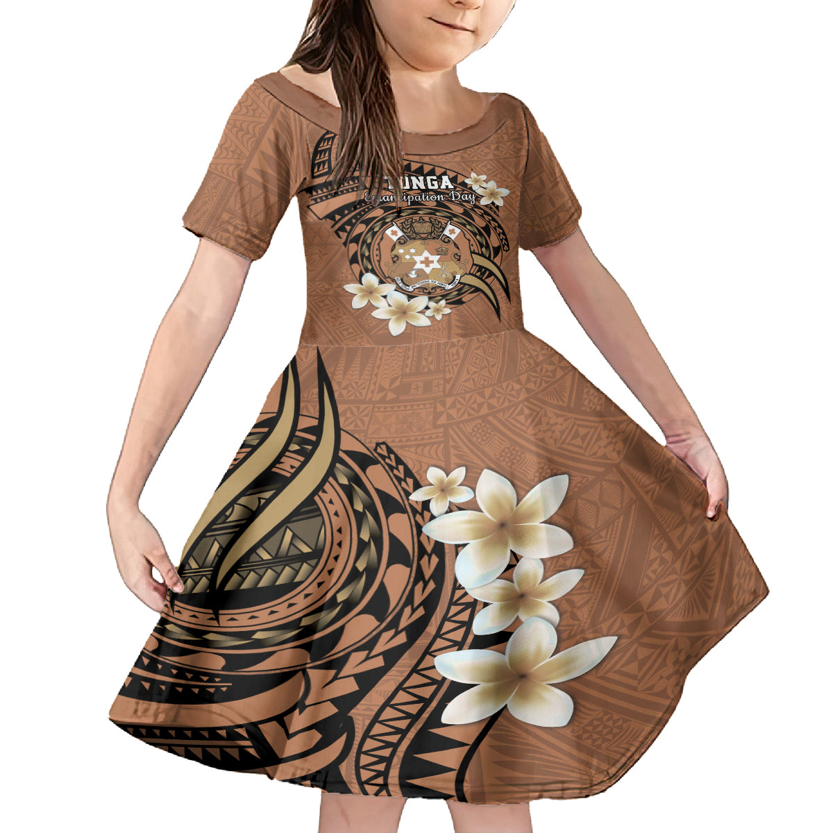 Personalised Tonga Emancipation Day Family Matching Tank Maxi Dress and Hawaiian Shirt Tongan Ngatu Pattern - Brown Version